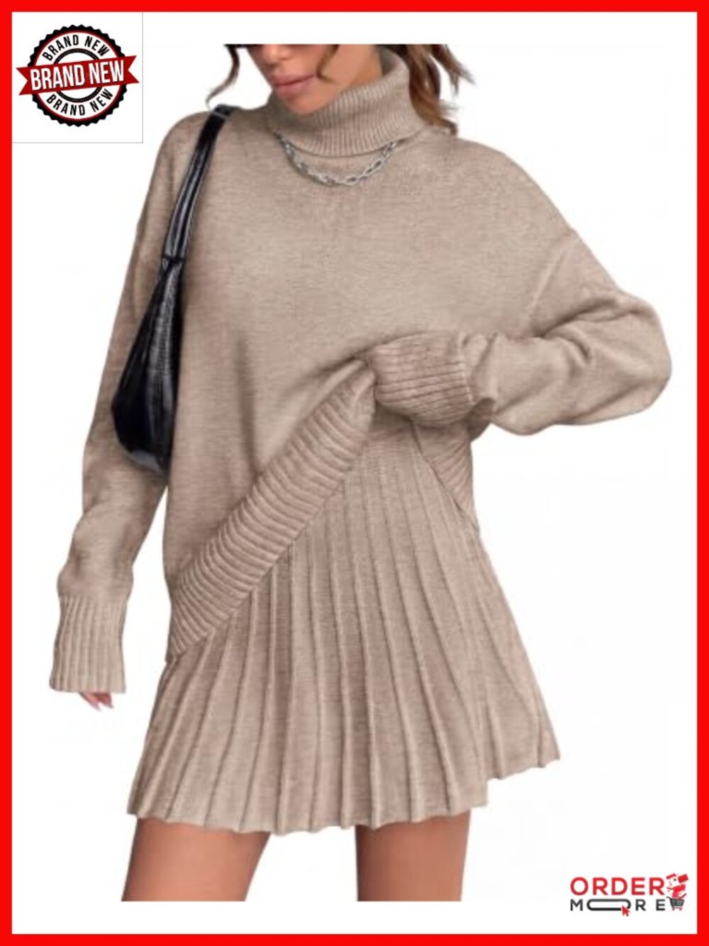 Women 2 Piece Sweater Skirt Set Turtleneck Pullover Pleated Mini Skirt